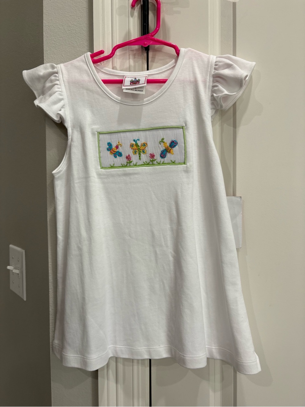 Castles & Crowns Angel wing white tshirt with smocked butterfly on front 7-8 NWT
